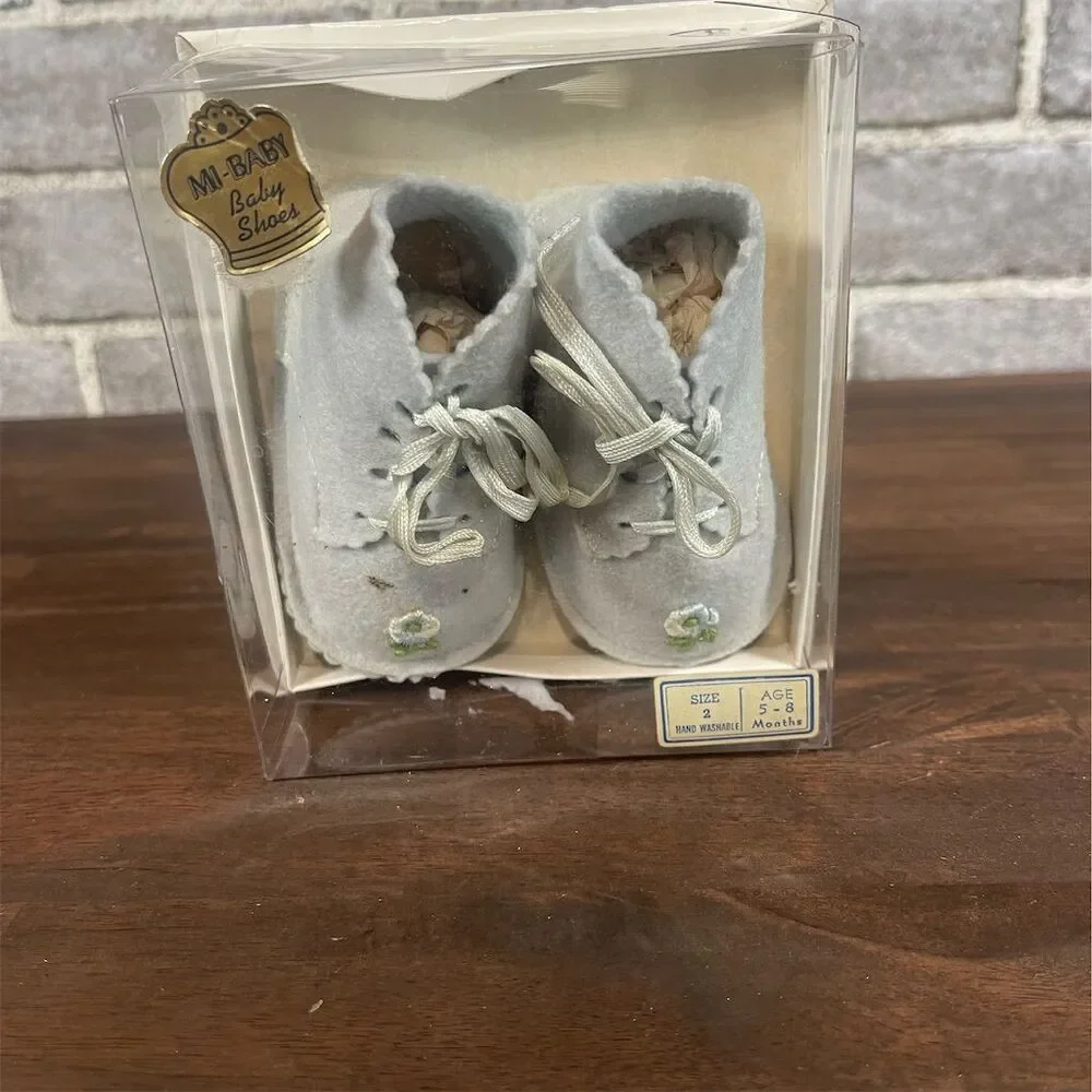 Vintage Baby Booties Blue Felted Crib Shoes Infant Size 2